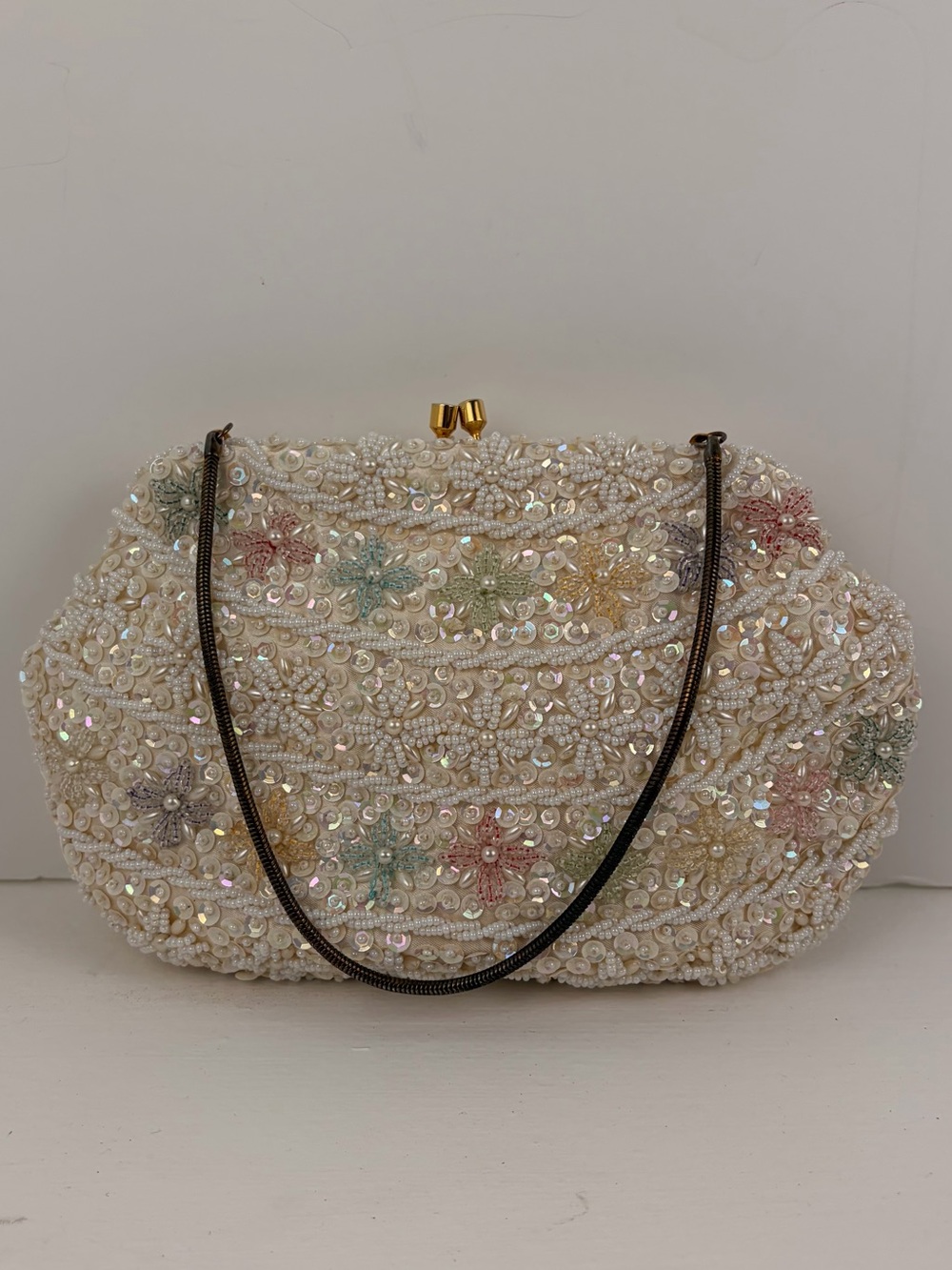 Vintage Cream Beaded & Sequined Floral Evening Clutch Bag
